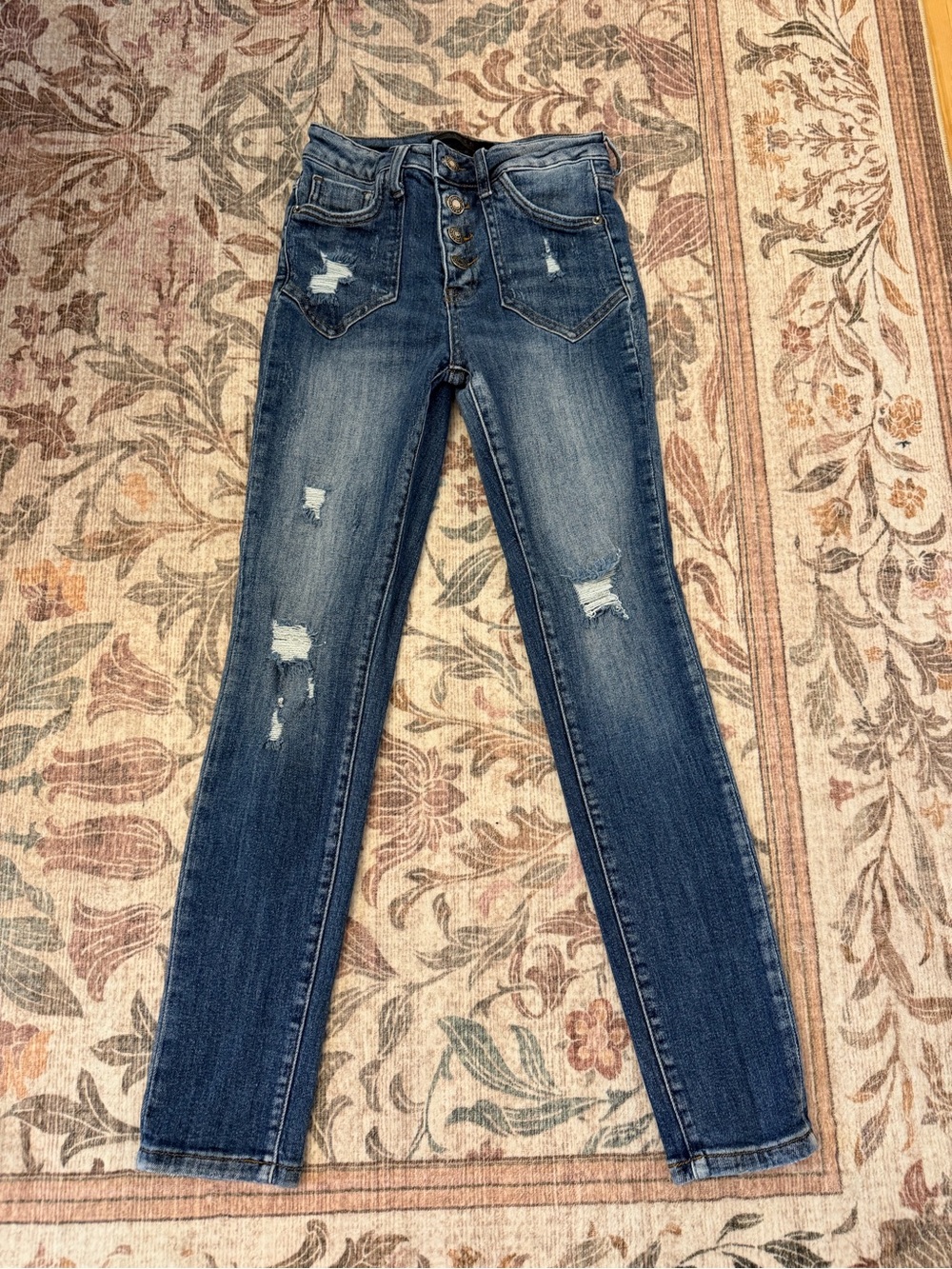 High-Rise Skinny Distressed Women's Jeans - Dark Blue